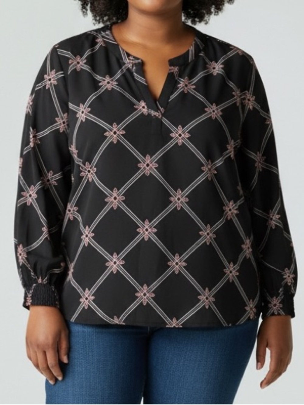 BloomChic Size 14-16 Black Long-Sleeve Top with Pink Geometric Motif